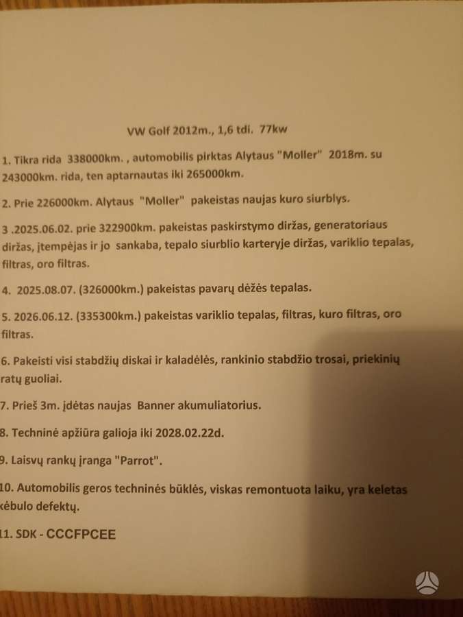 Volkswagen Golf 2012 — engine 1598 cm³, 105 HP (77kW)